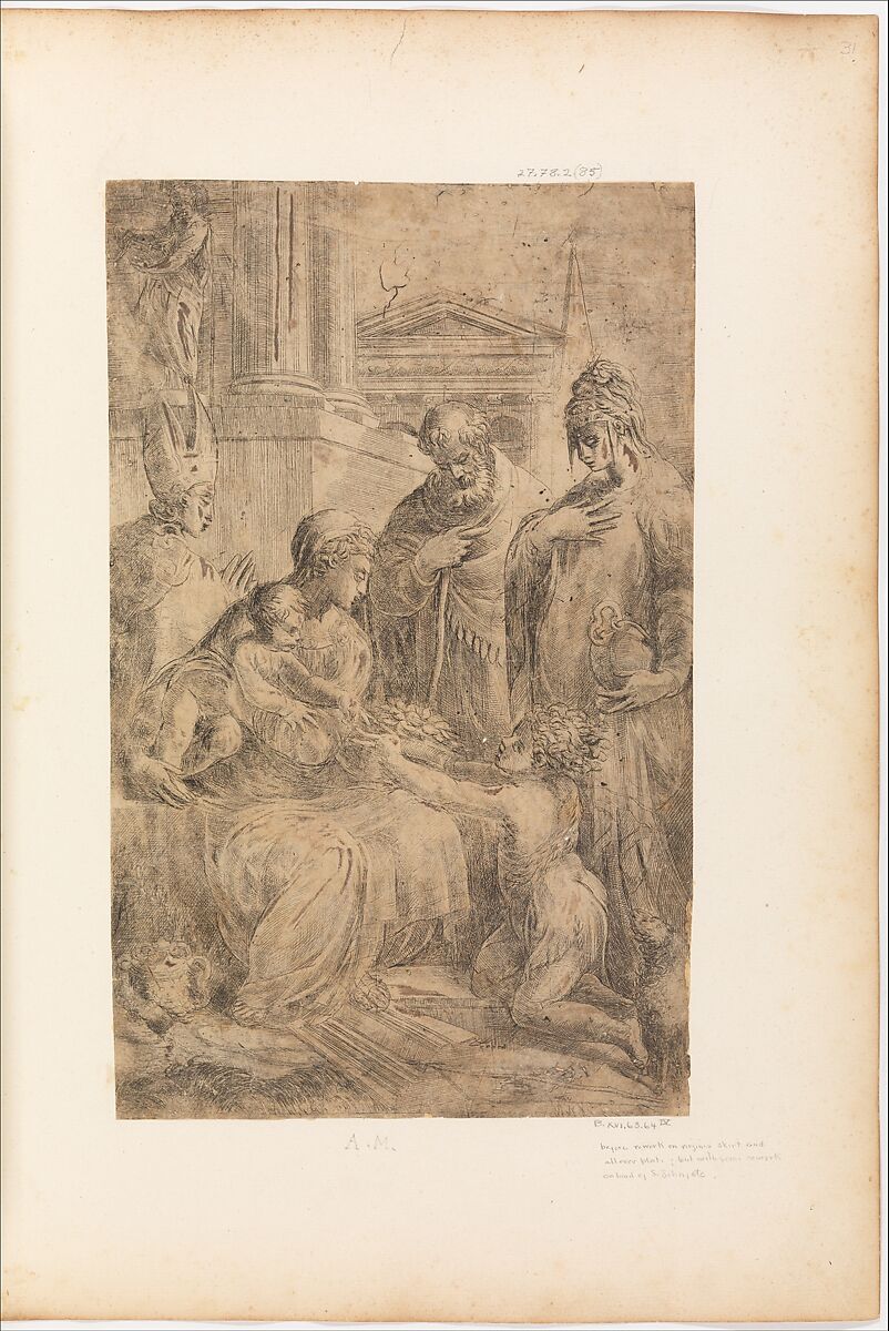 Holy Family with Saints, Andrea Schiavone (Andrea Meldola) (Italian, Zadar (Zara) ca. 1510?–1563 Venice), Etching 