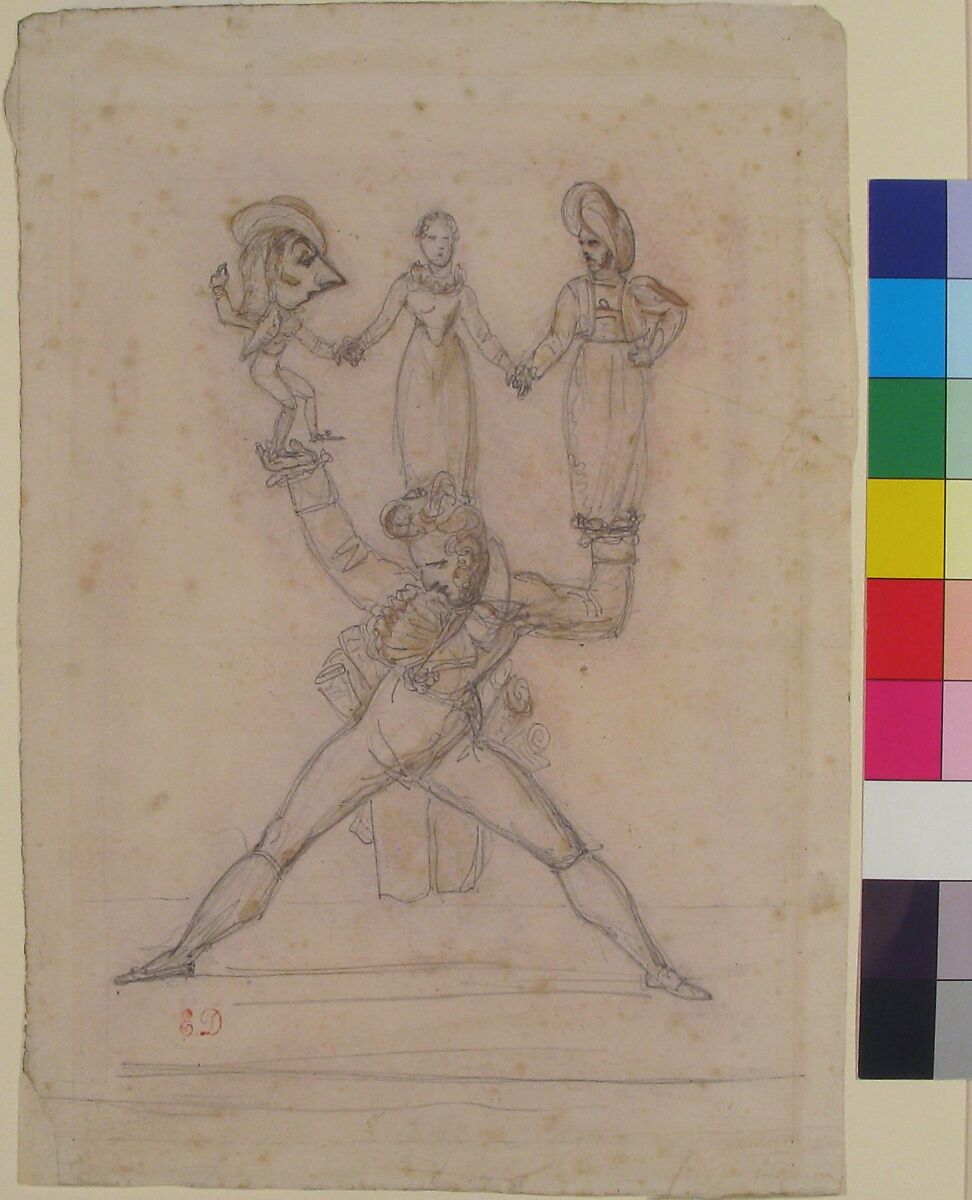 Théâtre Italien (Gioacchino Rossini, 1792–1868), Eugène Delacroix (French, Charenton-Saint-Maurice 1798–1863 Paris), Graphite with brush and brown wash; red chalk applied to verso for image transfer