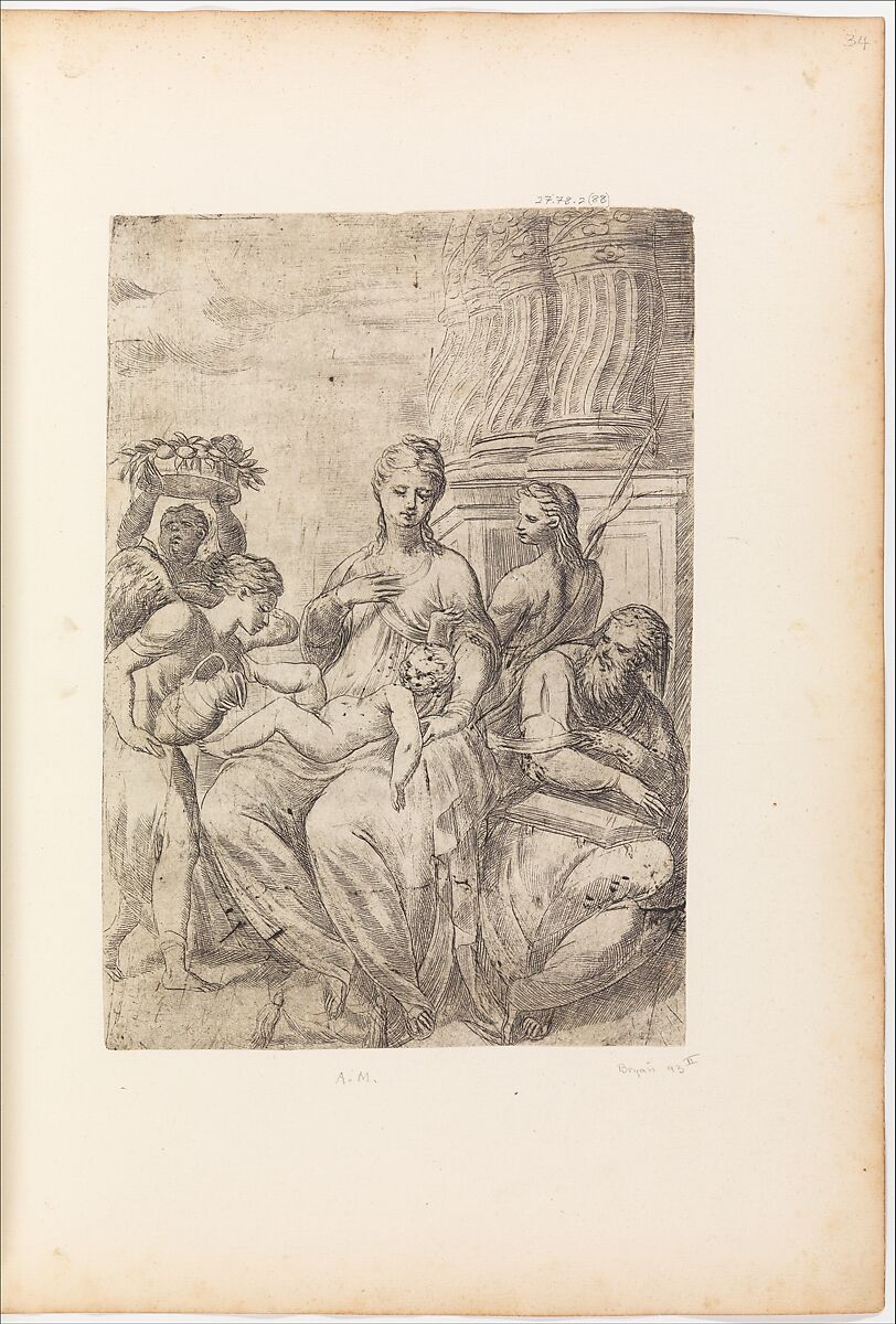 Holy Family with Saint John the Baptist and angels, Andrea Schiavone (Andrea Meldola) (Italian, Zadar (Zara) ca. 1510?–1563 Venice), Etching 