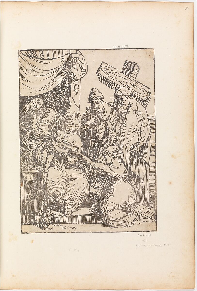 The Mystic Marriage of St. Catherine, with St. Joseph, an Angel, and a Cross-bearing Saint, Andrea Schiavone (Andrea Meldola) (Italian, Zadar (Zara) ca. 1510?–1563 Venice), Woodcut 