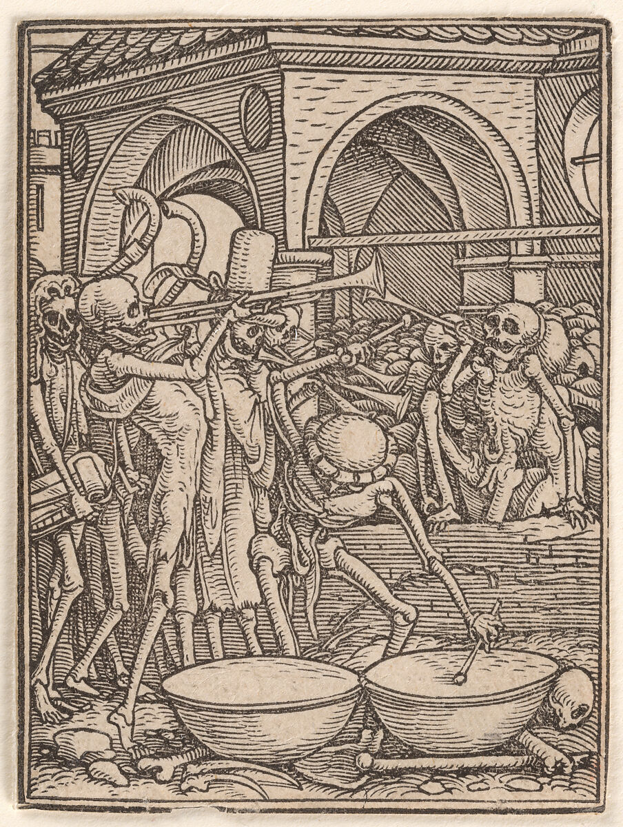 Skeletons Making Music (or the Cemetery), from The Dance of Death, Designed by Hans Holbein the Younger (German, Augsburg 1497/98–1543 London), Woodcut 