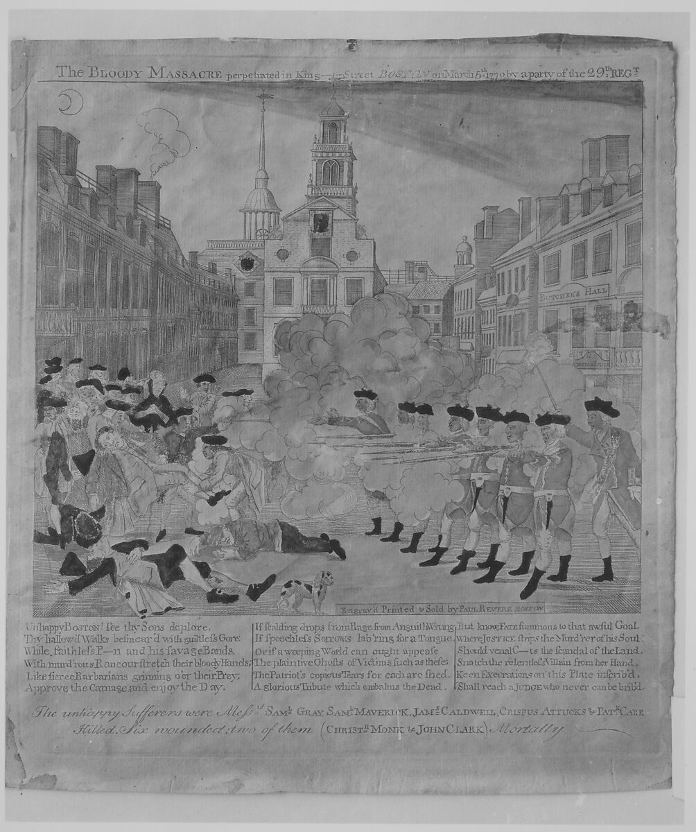 The Boston Massacre, or, The Bloody Massacre perpetrated in King Street, Boston on March 5, 1770 by a party of the 29th Regiment, Engraved, printed and sold by Paul Revere Jr. (American, Boston, Massachusetts 1734–1818 Boston, Massachusetts), Hand-colored engraving and etching; second state