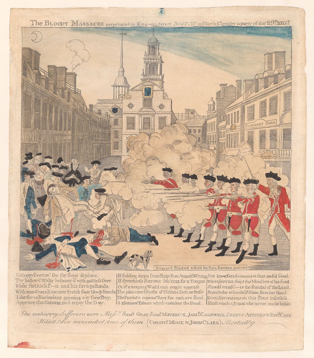 The Boston Massacre, Engraved, printed and sold by Paul Revere Jr. (American, Boston, Massachusetts 1734–1818 Boston, Massachusetts), Hand-colored engraving and etching 