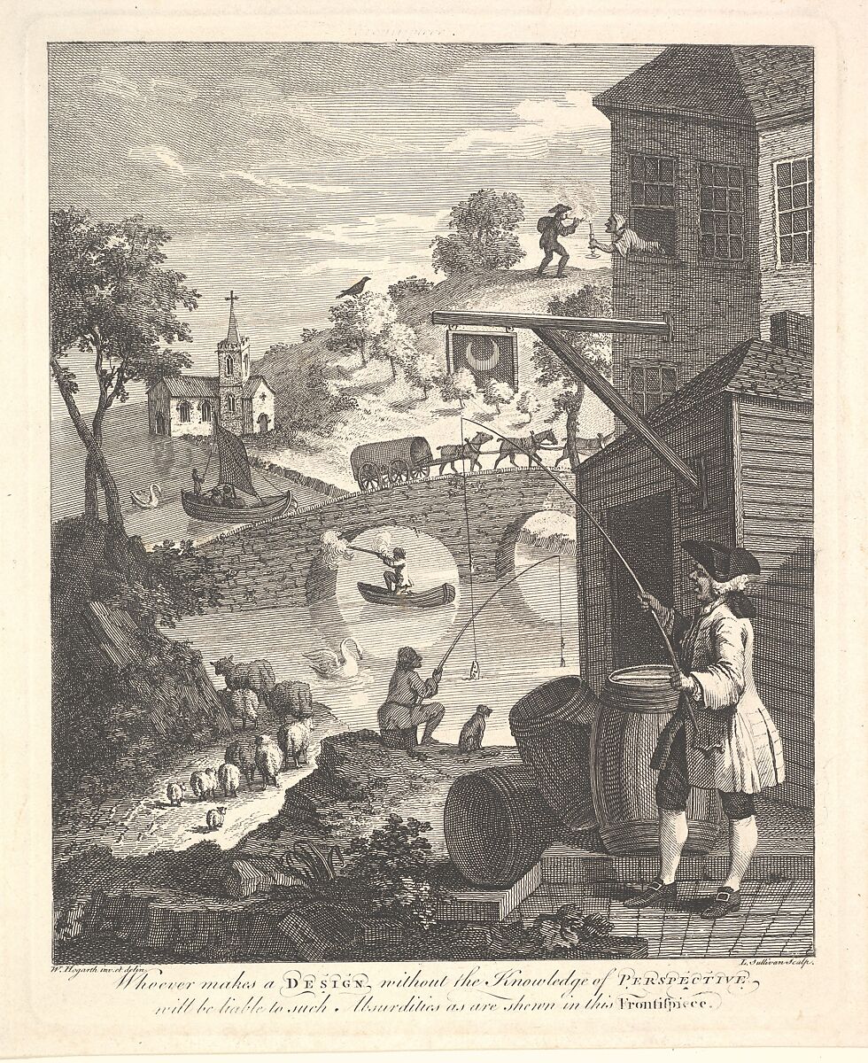 Satire on False Perspective: Frontispiece to "Kirby's Perspective", Luke Sullivan (Irish, 1705–1771 London), Etching and engraving; second state of two 