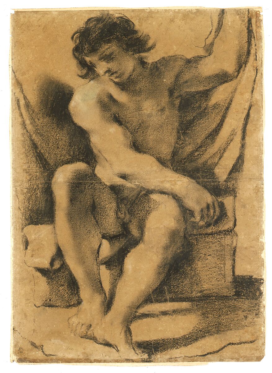 Seated Nude Young Man in Nearly Frontal View, Guercino (Giovanni Francesco Barbieri) (Italian, Cento 1591–1666 Bologna), Modified black chalk (dipped in a gum solution), traces of white gouache highlights, on light brown paper