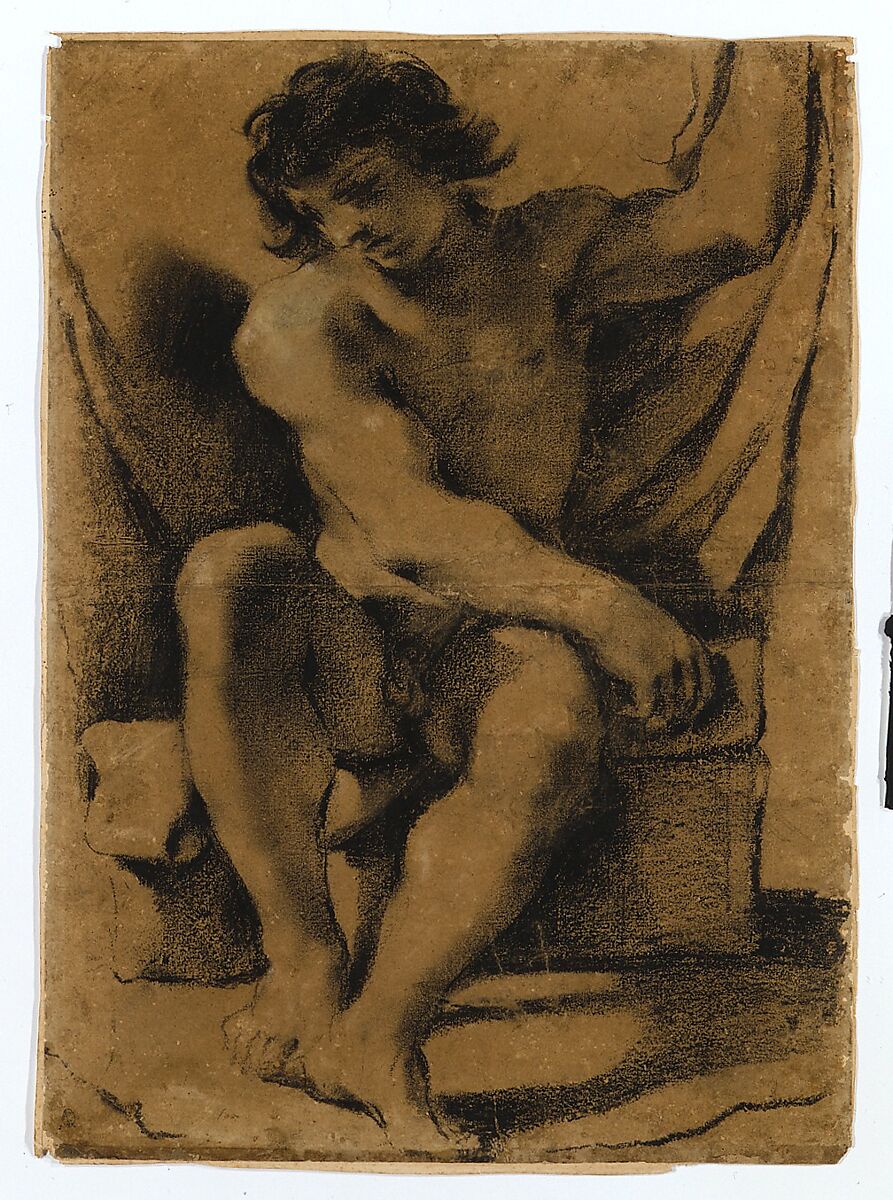 Seated Nude Young Man in Nearly Frontal View, Guercino (Giovanni Francesco Barbieri) (Italian, Cento 1591–1666 Bologna), Modified black chalk (dipped in a gum solution), traces of white gouache highlights, on light brown paper