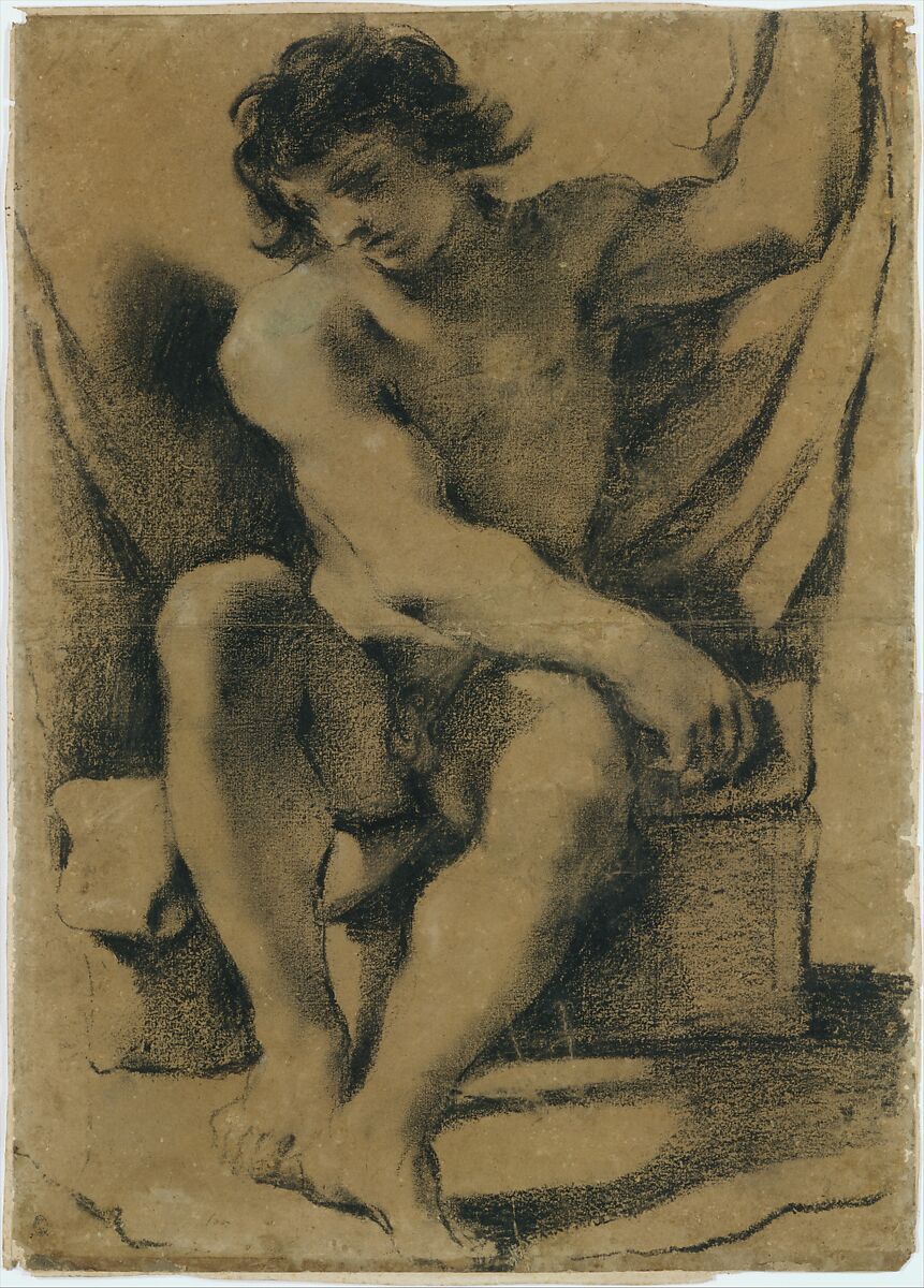 Seated Nude Young Man in Nearly Frontal View, Guercino (Giovanni Francesco Barbieri) (Italian, Cento 1591–1666 Bologna), Modified black chalk (dipped in a gum solution), traces of white gouache highlights, on light brown paper