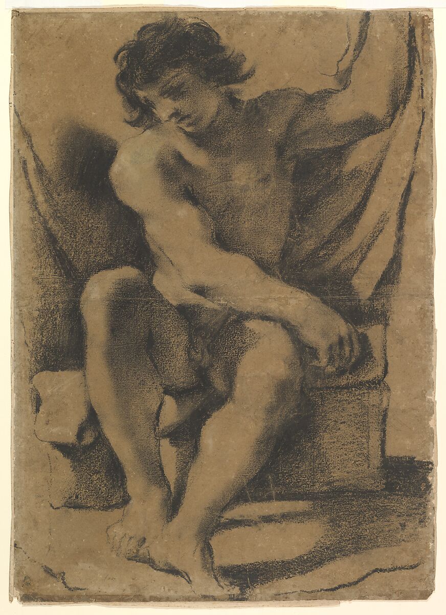 Seated Nude Young Man in Nearly Frontal View, Guercino (Giovanni Francesco Barbieri) (Italian, Cento 1591–1666 Bologna), Modified black chalk (dipped in a gum solution), traces of white gouache highlights, on light brown paper 