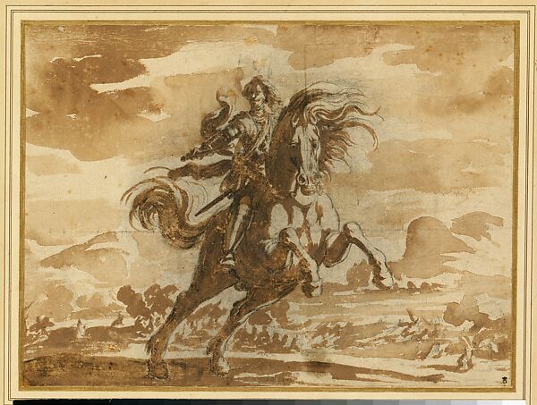 Equestrian Portrait of Louis de Lorraine, Prince of Phalsbourg, Jacques Callot (French, Nancy 1592–1635 Nancy), Brush and brown wash over black chalk; the outlines of the horse and rider are pricked for transfer and partially indented