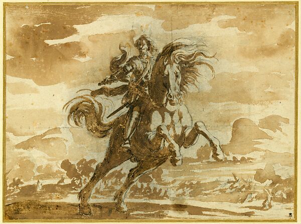 Equestrian Portrait of Louis de Lorraine, Prince of Phalsbourg, Jacques Callot (French, Nancy 1592–1635 Nancy), Brush and brown wash over black chalk; the outlines of the horse and rider are pricked for transfer and partially indented 