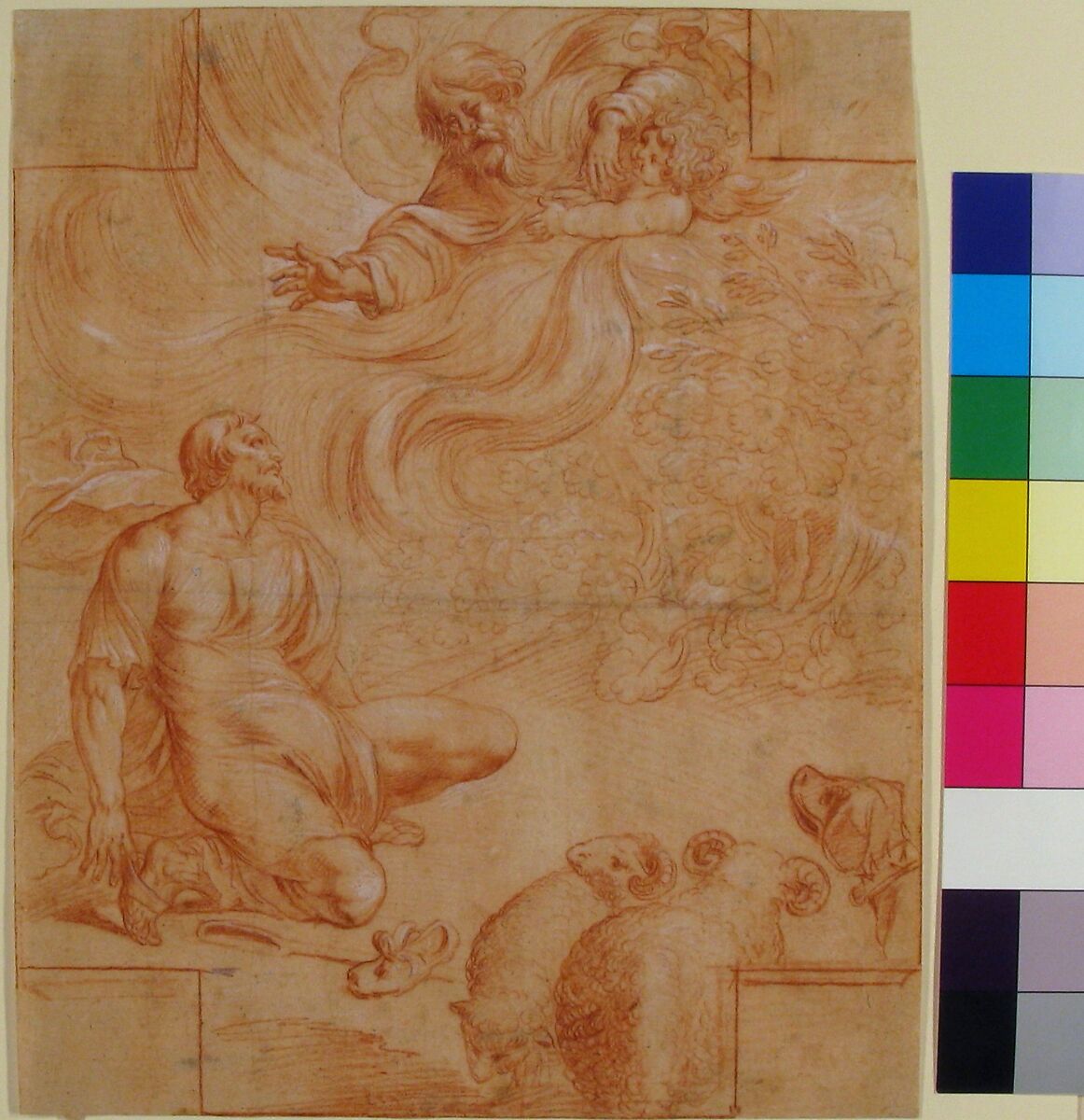 God Appearing to Moses, Pierre Brebiette (French, Mantes-sur-Seine ca. 1598–1642 Paris), Red and white chalk on buff laid paper