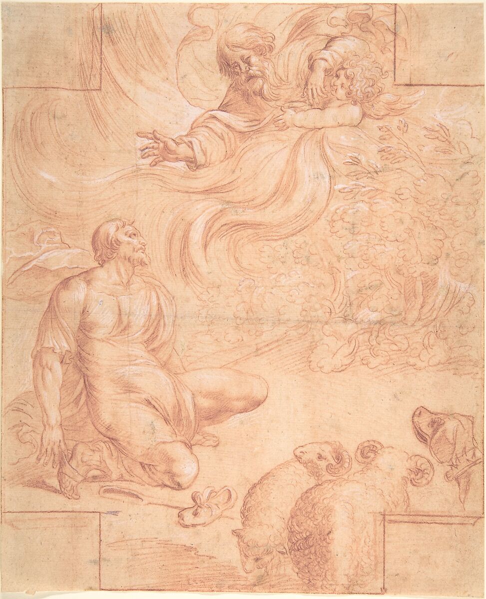 God Appearing to Moses, Pierre Brebiette (French, Mantes-sur-Seine ca. 1598–1642 Paris), Red and white chalk on buff laid paper 