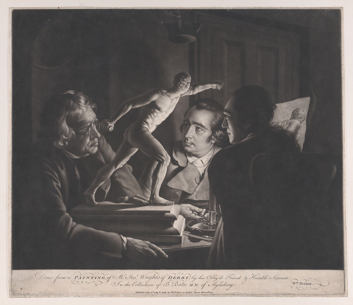 Three Persons Viewing the Gladiator by Candlelight, William Pether (British, Carlisle ca. 1738–1821 Bristol), Mezzotint; third state of three (Clayton) 