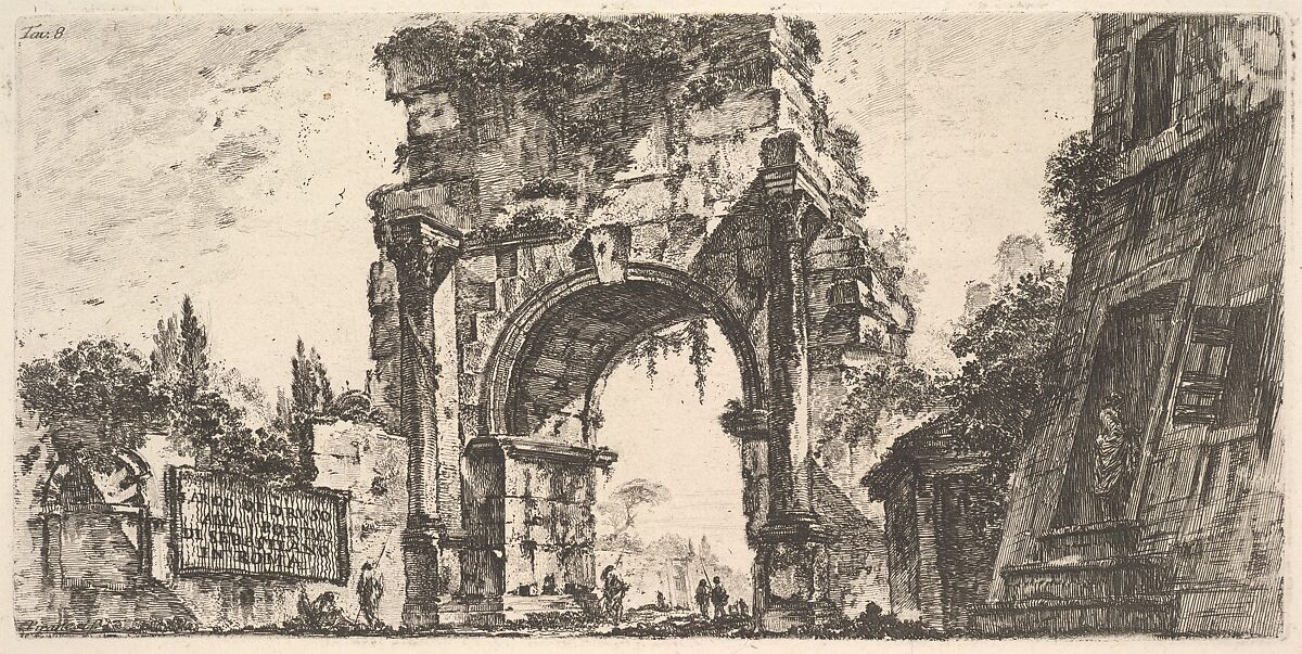 Plate 8: Arch of Drusus at the Porta S. Sebastiano in Rome (Arco di Druso alla Porta di Sebastiano in Roma), from "Antichità Romane de' Tempi della Repubblica, e de' primi Imperatori", Giovanni Battista Piranesi (Italian, Mogliano Veneto 1720–1778 Rome), Etching 