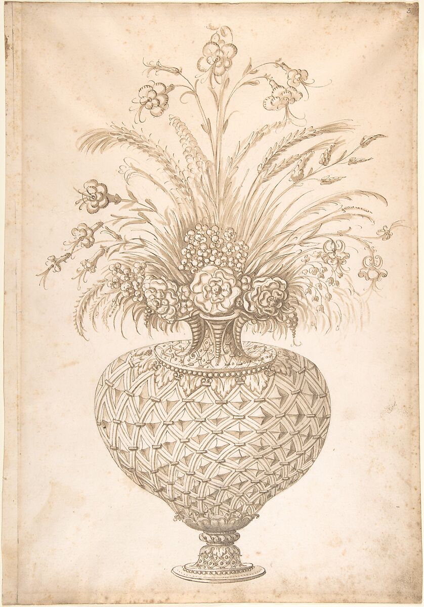 Flowers in a vase, Erasmus Hornick (Netherlandish, Antwerp ca. 1520–1583 Prague), Pen and brown ink, brush and brown ink over traces of black chalk 