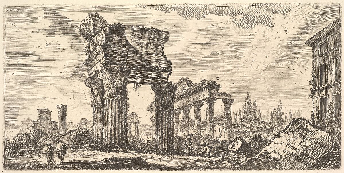 Plate 7: Temple of Jupiter Tonans (Jupiter the Thunderer). 1. Temple of Concord. (Tempio di Giove Tonans. 1. Tempio della Concordia.), from "Antichità Romane de' Tempi della Repubblica, e de' primi Imperatori", Giovanni Battista Piranesi (Italian, Mogliano Veneto 1720–1778 Rome), Etching 