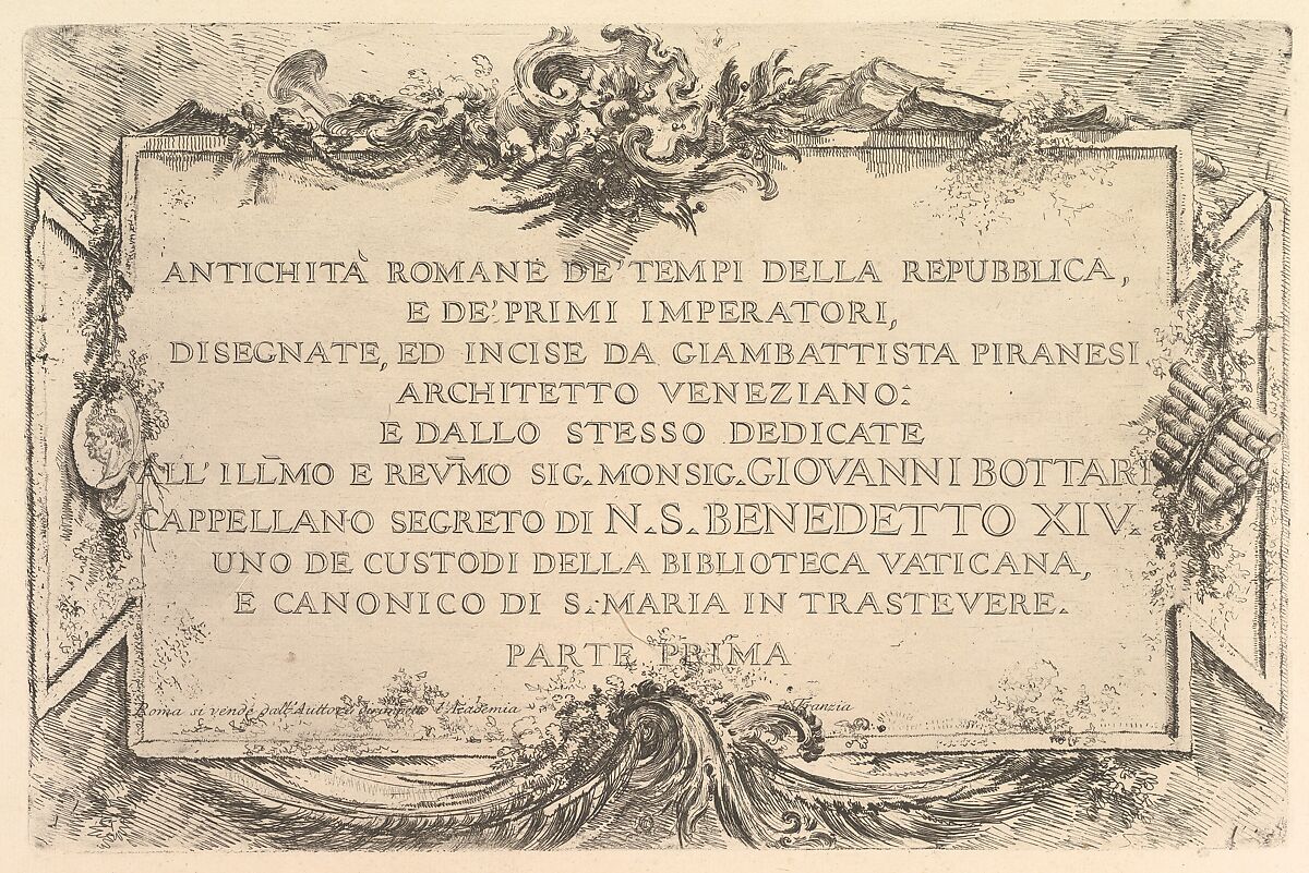 Title page from "Roman Antiquity of the Time of the Republic and the First Emperors" (Antichità Romane de' Tempi della Repubblica, e de' primi Imperatori), Giovanni Battista Piranesi (Italian, Mogliano Veneto 1720–1778 Rome), Etching 