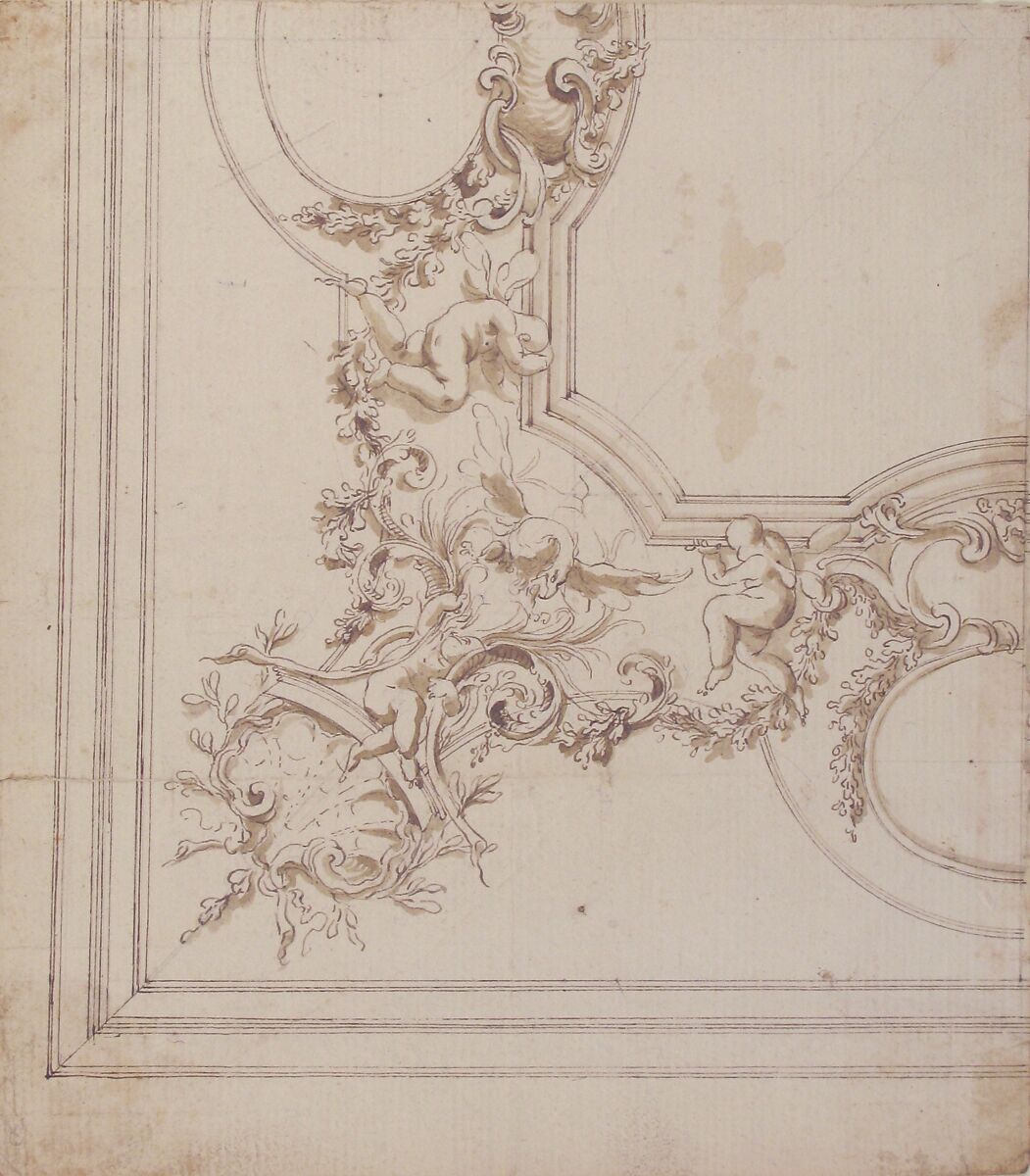 Design for a Ceiling Decoration, Donato Giuseppe Frisoni (Italian, Laino, near Como 1683–1735 Ludwigsburg), Pen and brown ink, brush and gray-brown wash, over graphite or leadpoint with ruled and compass construction