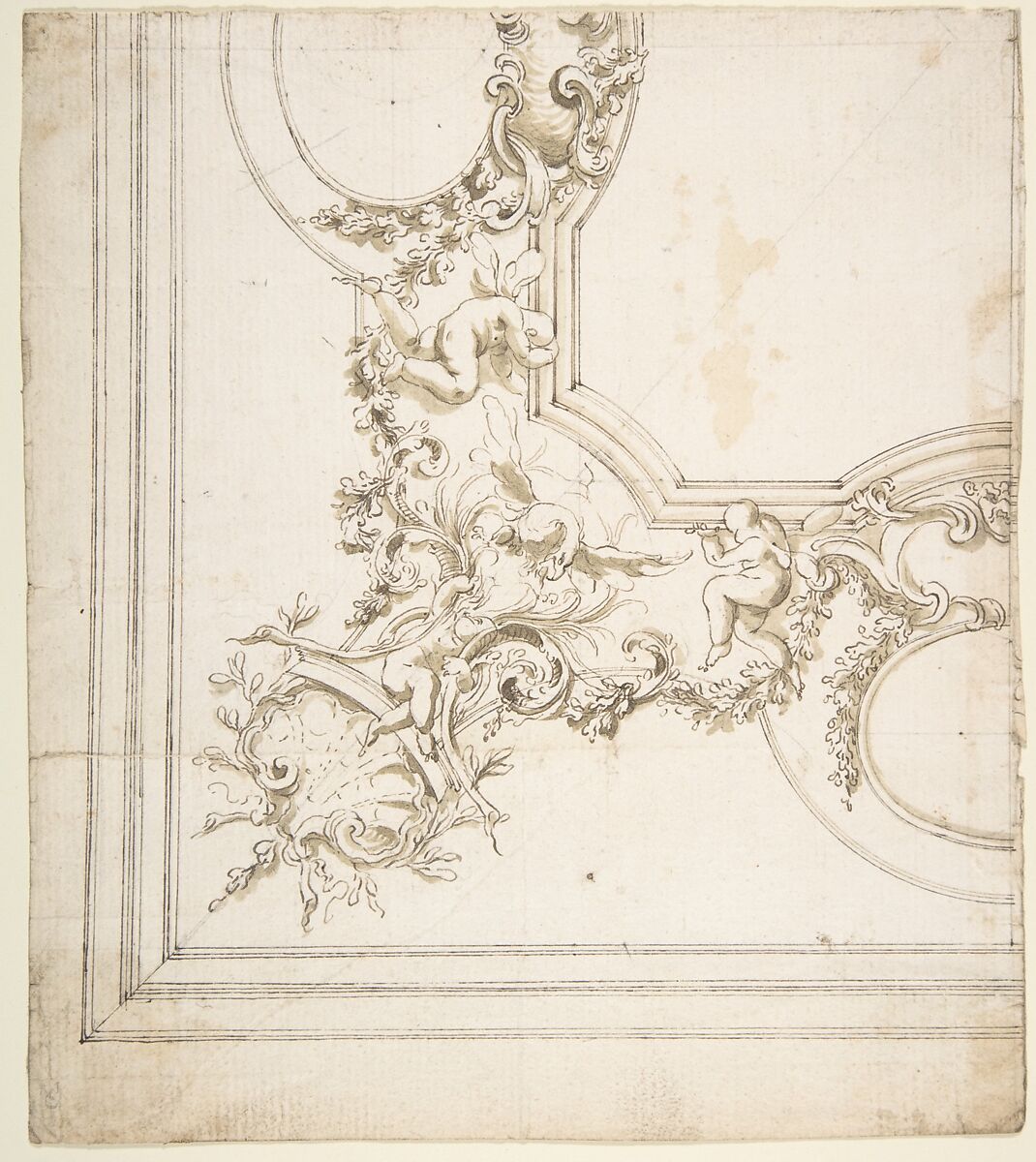 Design for a Ceiling Decoration., Donato Giuseppe Frisoni (Italian, Laino near Como 1683–1735 Ludwigsburg), Pen and brown ink, brush and gray-brown wash, over graphite or leadpoint with ruled and compass construction 