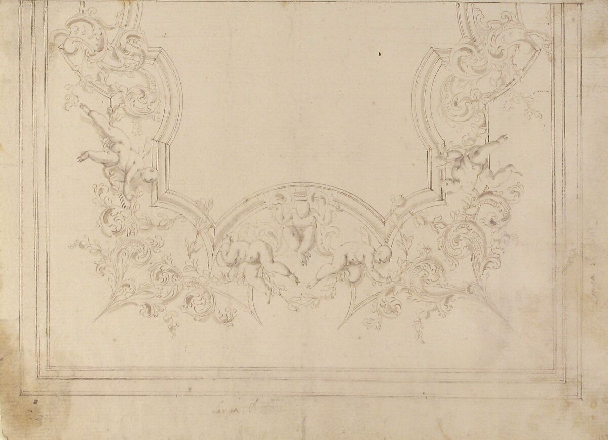 Design for a Ceiling Decoration, Donato Giuseppe Frisoni (Italian, Laino, near Como 1683–1735 Ludwigsburg), Pen and brown ink, brush and gray-brown wash, over graphite or leadpoint with ruled and compass construction