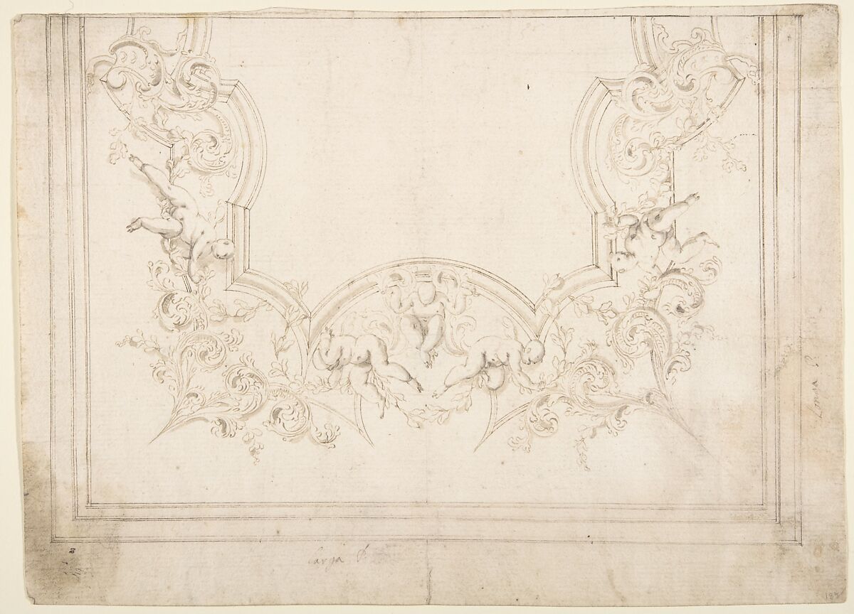 Design for a Ceiling Decoration, Donato Giuseppe Frisoni (Italian, Laino near Como 1683–1735 Ludwigsburg), Pen and brown ink, brush and gray-brown wash, over graphite or leadpoint with ruled and compass construction 