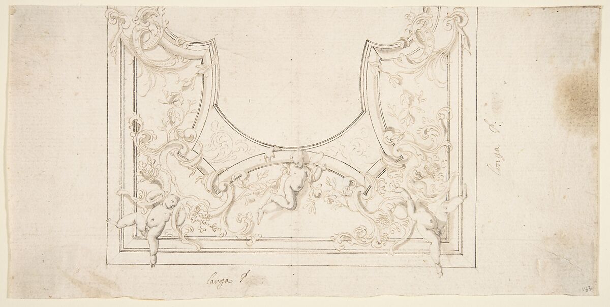 Design for a Ceiling Decoration, Donato Giuseppe Frisoni (Italian, Laino near Como 1683–1735 Ludwigsburg), Pen and brown ink, brush and gray-brown wash, over graphite or leadpoint with ruled and compass construction 