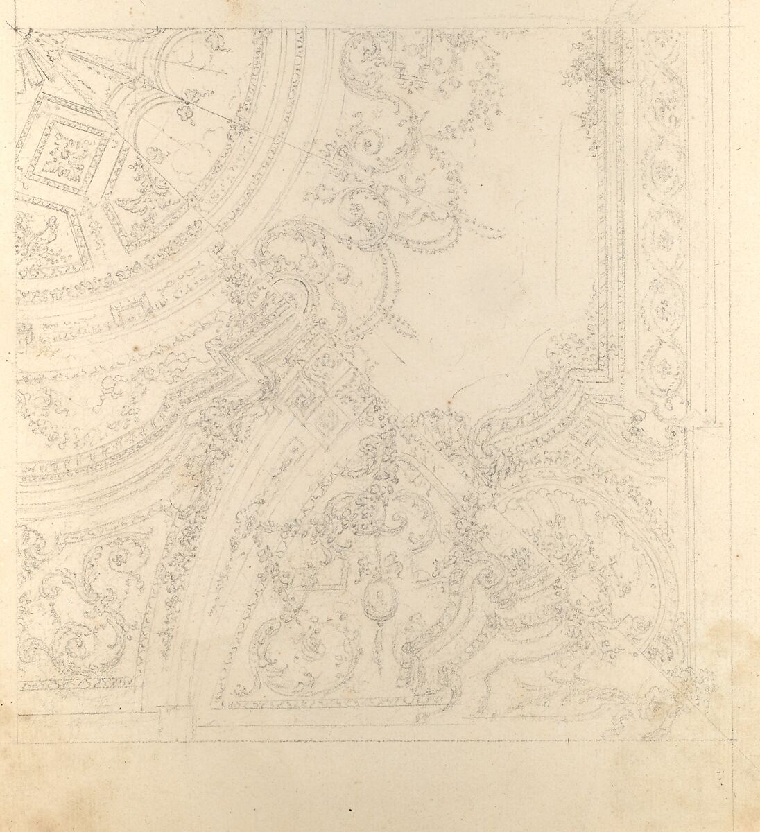 Design for a Ceiling Decoration, Donato Giuseppe Frisoni (Italian, Laino, near Como 1683–1735 Ludwigsburg), Pen and brown ink, brush and gray-brown wash, over graphite or leadpoint with ruled and compass construction