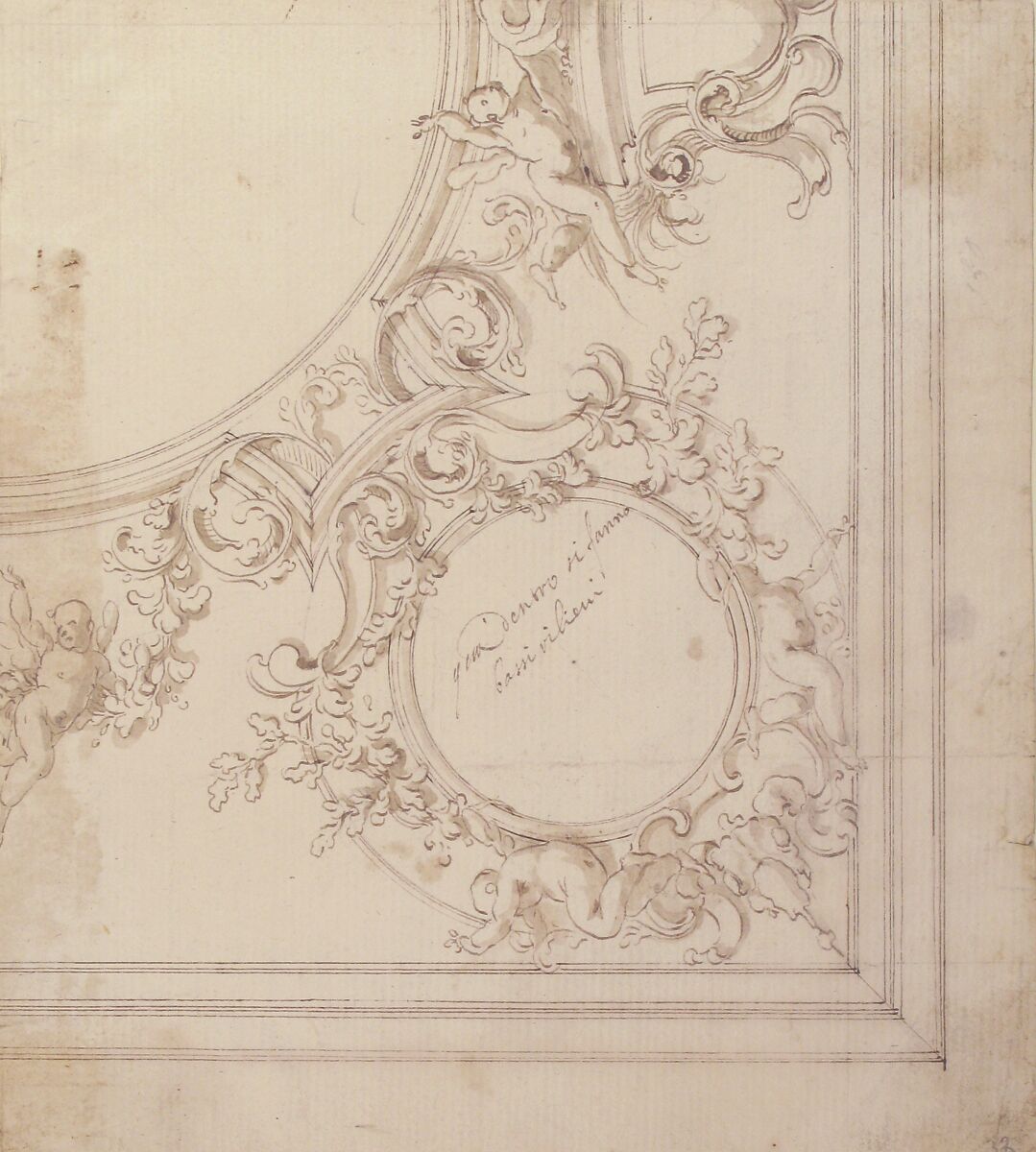 Design for a Ceiling Decoration, Donato Giuseppe Frisoni (Italian, Laino, near Como 1683–1735 Ludwigsburg), Pen and brown ink, brush and gray-brown wash, over graphite or leadpoint with ruled and compass construction