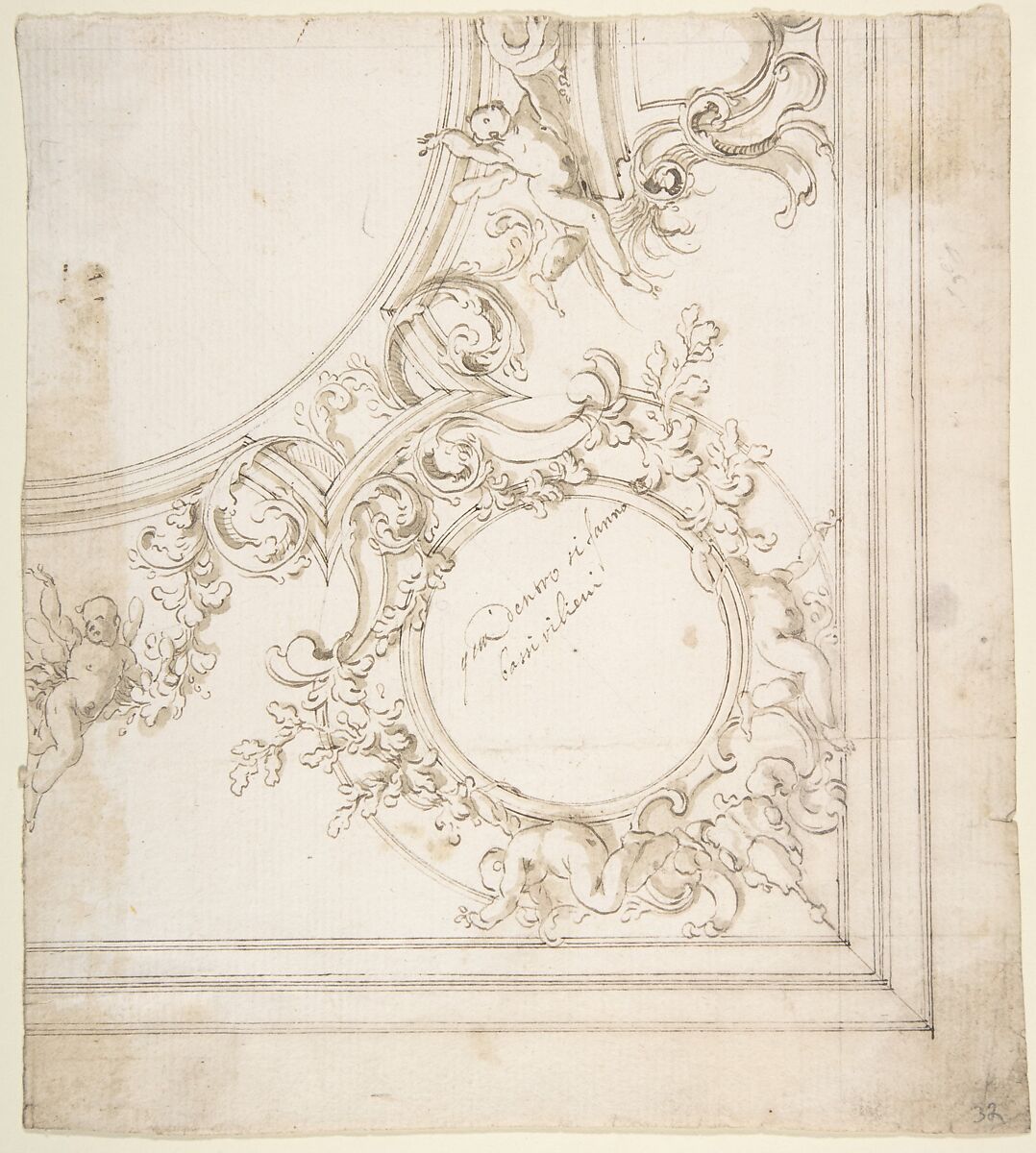 Design for a Ceiling Decoration., Donato Giuseppe Frisoni (Italian, Laino near Como 1683–1735 Ludwigsburg), Pen and brown ink, brush and gray-brown wash, over graphite or leadpoint with ruled and compass construction 