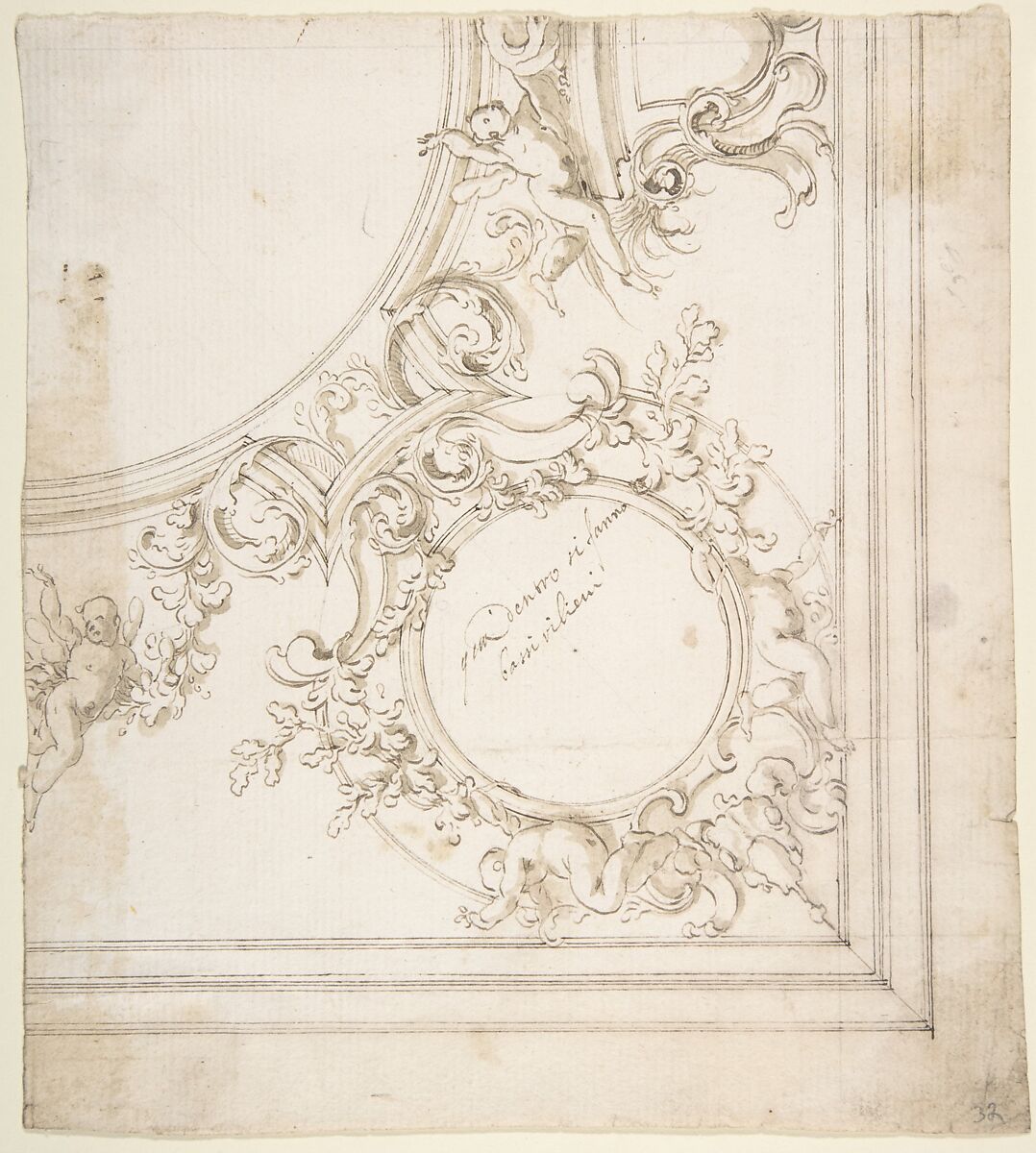 Design for a Ceiling Decoration, Donato Giuseppe Frisoni (Italian, Laino near Como 1683–1735 Ludwigsburg), Pen and brown ink, brush and gray-brown wash, over graphite or leadpoint with ruled and compass construction 