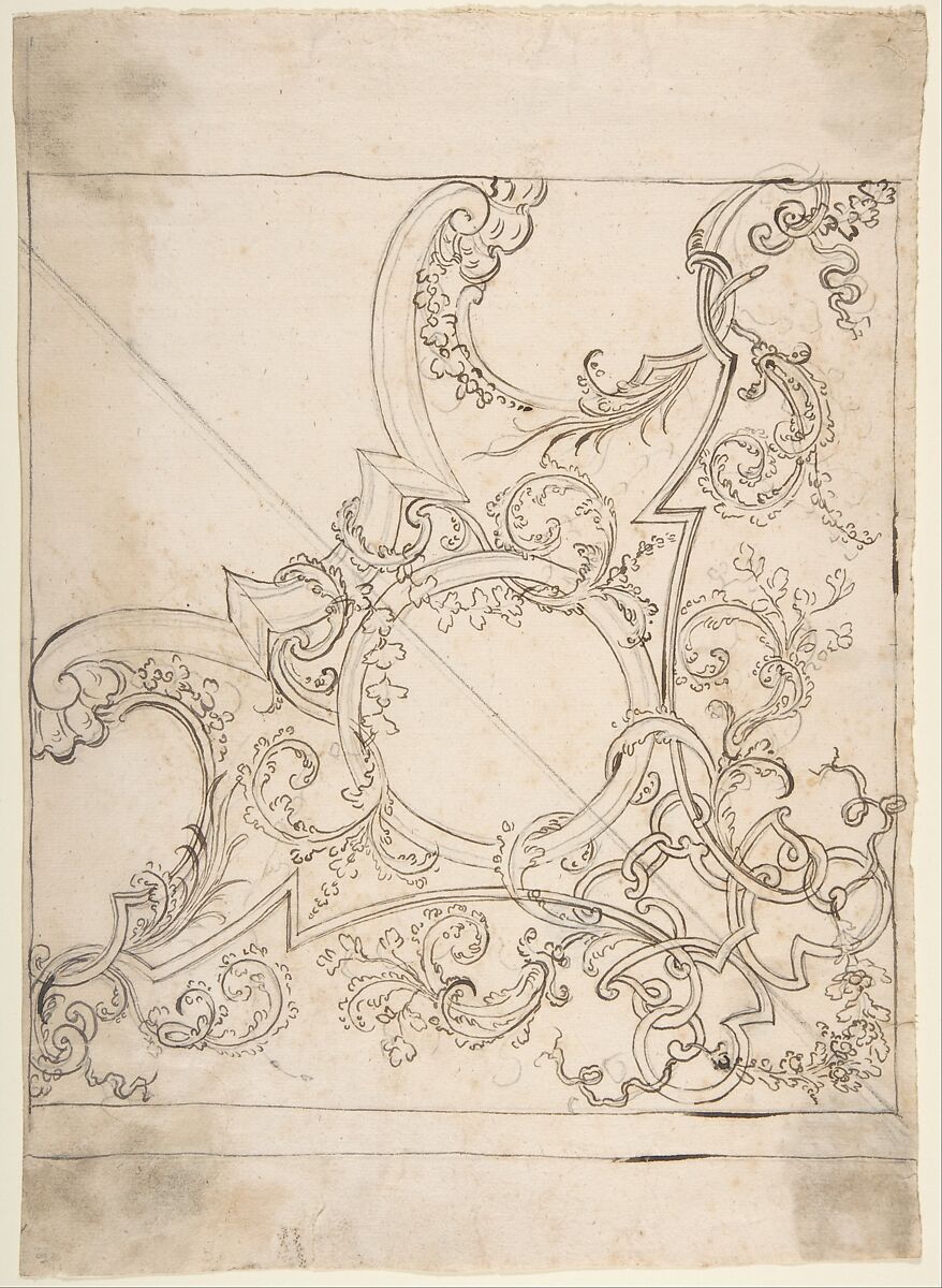 Design for a Ceiling Decoration., Donato Giuseppe Frisoni (Italian, Laino near Como 1683–1735 Ludwigsburg), Pen and brown ink, over graphite or leadpoint with ruled and compass construction 