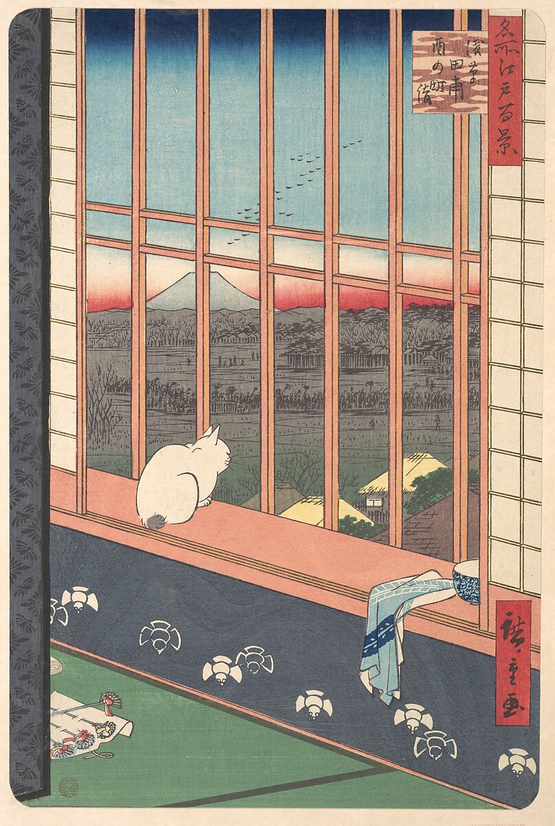 Revelers Returned from the Tori no Machi Festival at Asakusa, from the series One Hundred Famous Views of Edo, Utagawa Hiroshige (Japanese, Tokyo (Edo) 1797–1858 Tokyo (Edo)), Woodblock print; ink and color on paper, Japan 