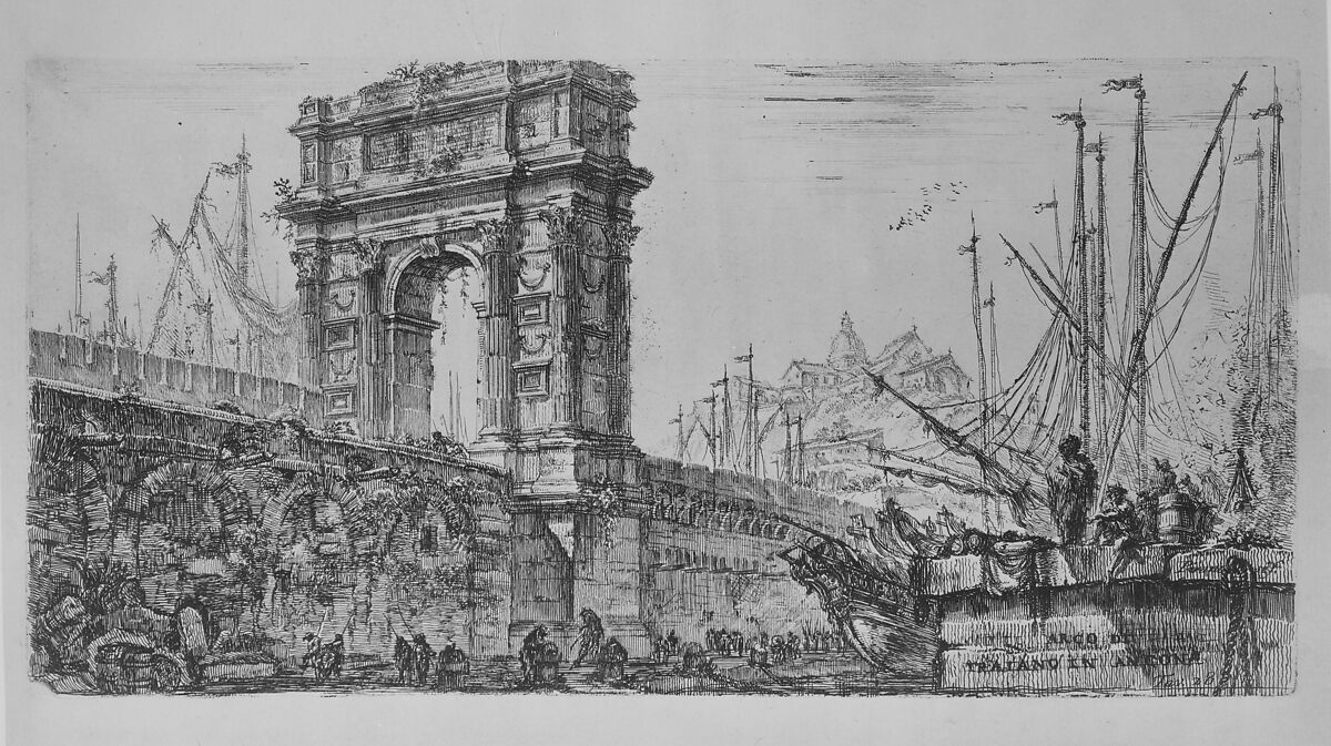 Plate 28: Arch of Trajan in Ancona (Arco di Trajano in Ancona), from "Alcune Vedute di Archi Trionfali ed altri monumenti inalzati da Romani parte di quali se veggono in Roma e parte per l'Italia" (Some Views of Triumphal Arches and other monuments erected by the Romans, some of which are in Rome and some elsewhere in Italy), Giovanni Battista Piranesi (Italian, Mogliano Veneto 1720–1778 Rome), Etching