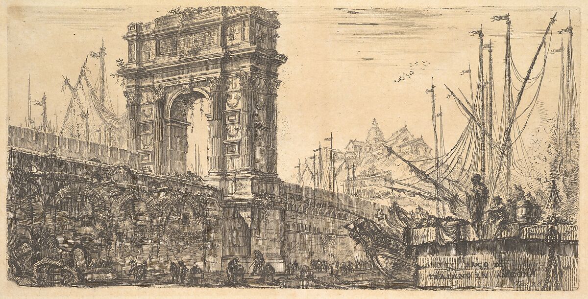 Plate 28: Arch of Trajan in Ancona (Arco di Trajano in Ancona), from "Alcune Vedute di Archi Trionfali ed altri monumenti inalzati da Romani parte di quali se veggono in Roma e parte per l'Italia" (Some Views of Triumphal Arches and other monuments erected by the Romans, some of which are in Rome and some elsewhere in Italy), Giovanni Battista Piranesi (Italian, Mogliano Veneto 1720–1778 Rome), Etching 