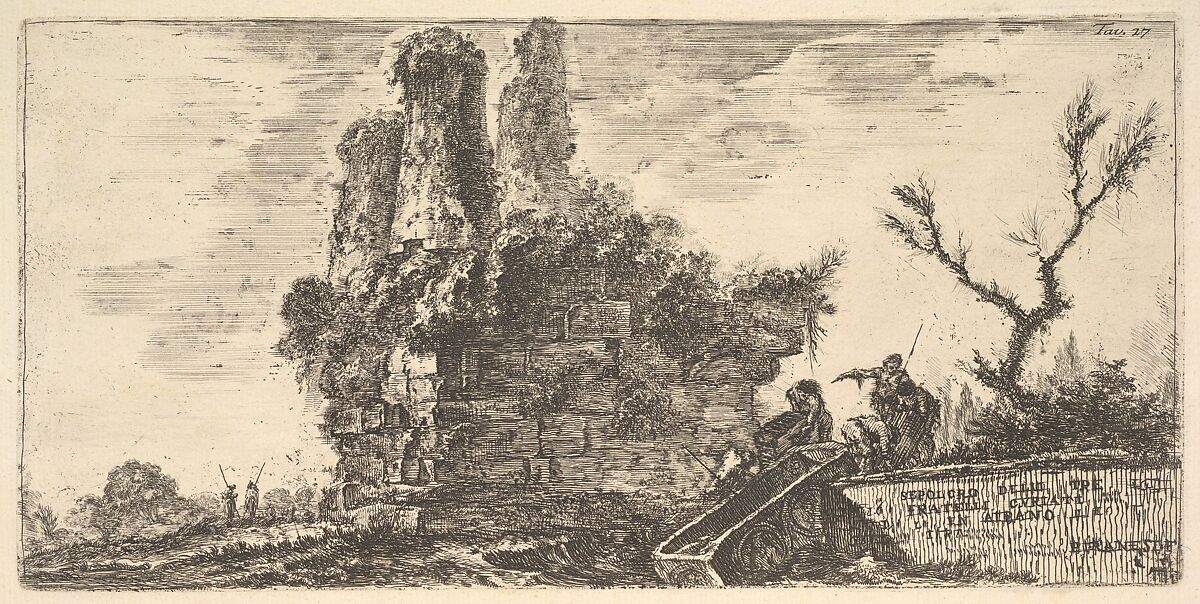 Plate 27: Tomb of the three Curiatii brothers in Albano (Sepolcro delle tre fratelli Curiati in Albano), from "Alcune Vedute di Archi Trionfali ed altri monumenti inalzati da Romani parte di quali se veggono in Roma e parte per l'Italia" (Some Views of Triumphal Arches and other monuments erected by the Romans, some of which are in Rome and some elsewhere in Italy), Giovanni Battista Piranesi (Italian, Mogliano Veneto 1720–1778 Rome), Etching 