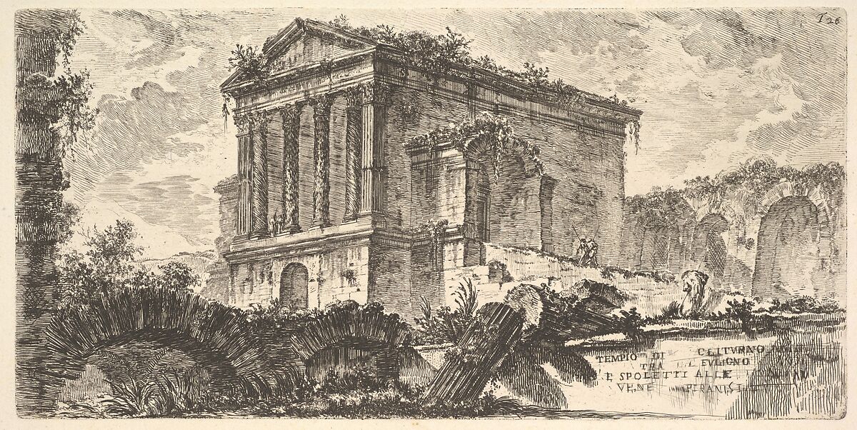 Plate 26: Temple of Clitumnus between Foligno and Spoleto... (Tempio di Clitumno tra Fuligno e Spoletti...), from "Alcune Vedute di Archi Trionfali ed altri monumenti inalzati da Romani parte di quali se veggono in Roma e parte per l'Italia" (Some Views of Triumphal Arches and other monuments erected by the Romans, some of which are in Rome and some elsewhere in Italy), Giovanni Battista Piranesi (Italian, Mogliano Veneto 1720–1778 Rome), Etching 