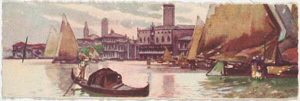 Venice, Approach to Doges Palace with Sailboats and Gondola, Color lithograph on card 