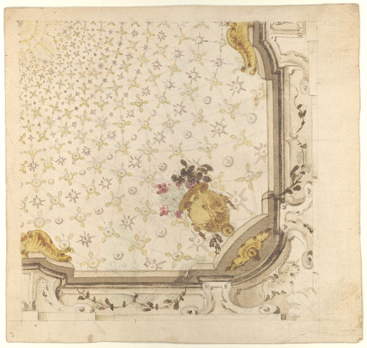 Design for Ceiling, Workshop of Leonardo Marini (Italian, Piedmontese documented ca. 1730–after 1797), Brush with brown, yellow, and red watercolor over leadpoint or graphite, with ruled and compass construction