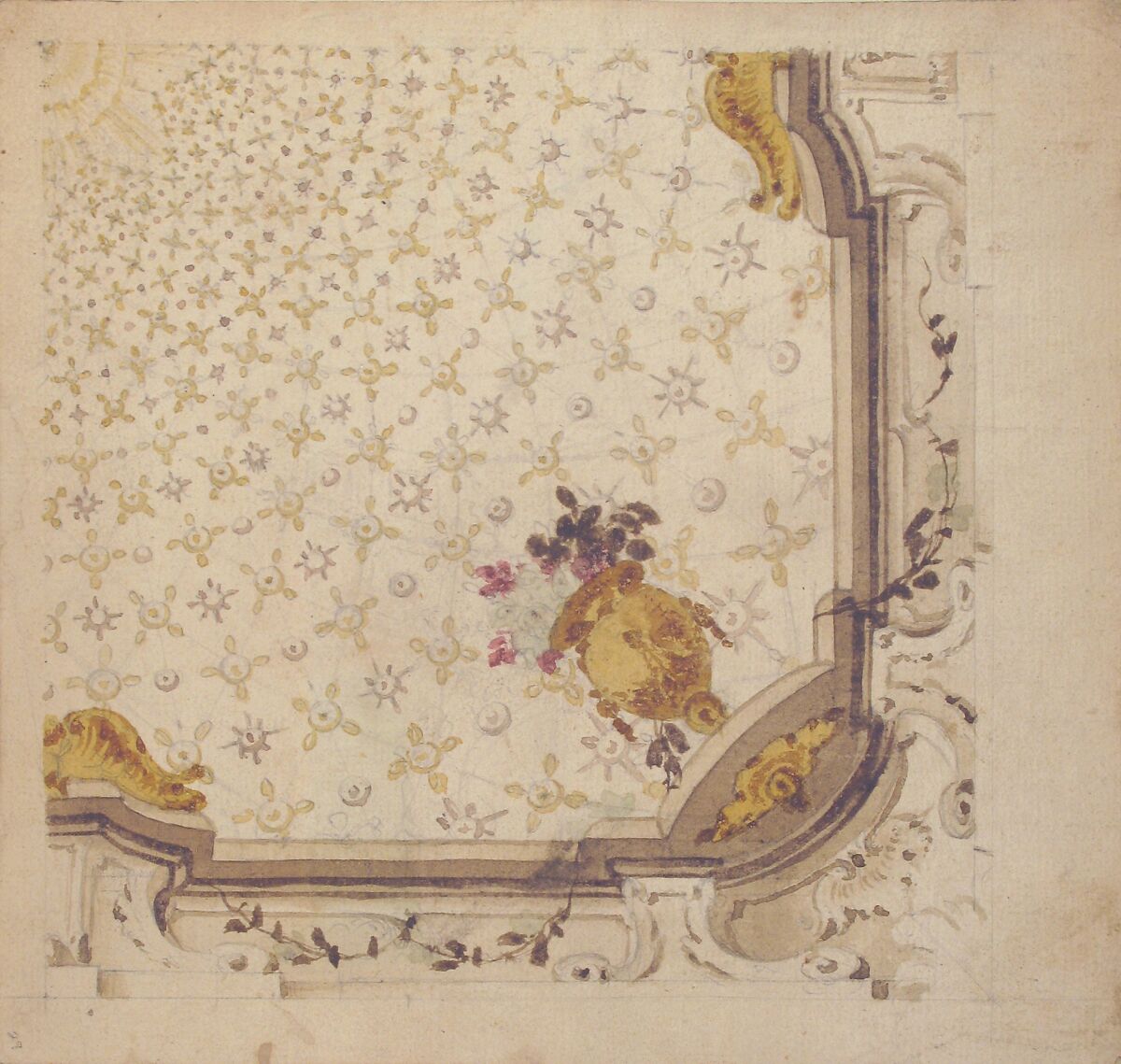 Design for Ceiling, Workshop of Leonardo Marini (Italian, Piedmontese documented ca. 1730–after 1797), Brush with brown, yellow, and red watercolor over leadpoint or graphite, with ruled and compass construction
