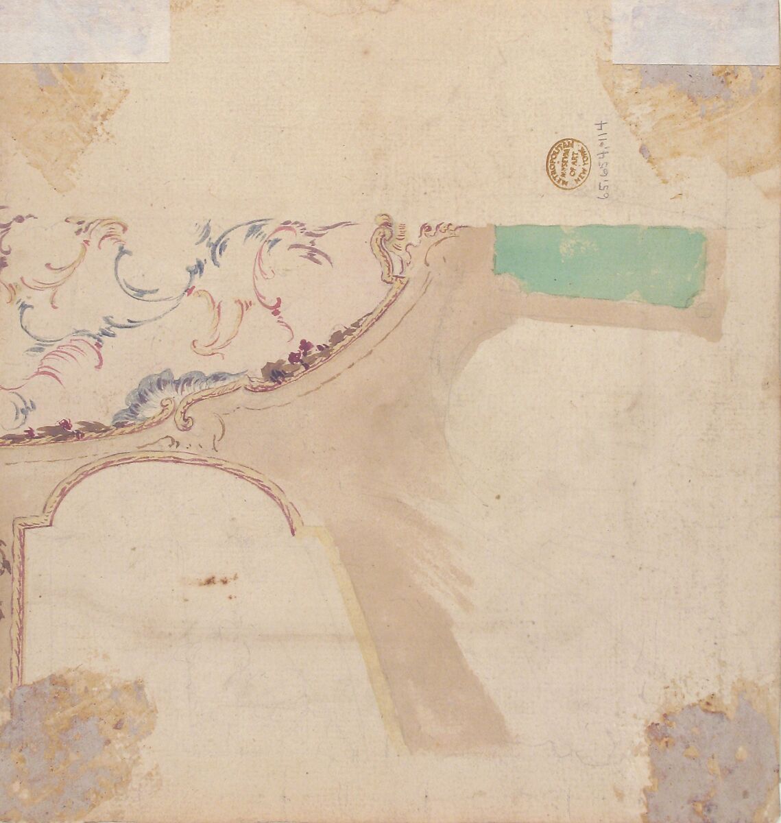 Design for Ceiling, Workshop of Leonardo Marini (Italian, Piedmontese documented ca. 1730–after 1797), Brush with brown, yellow, and red watercolor over leadpoint or graphite, with ruled and compass construction