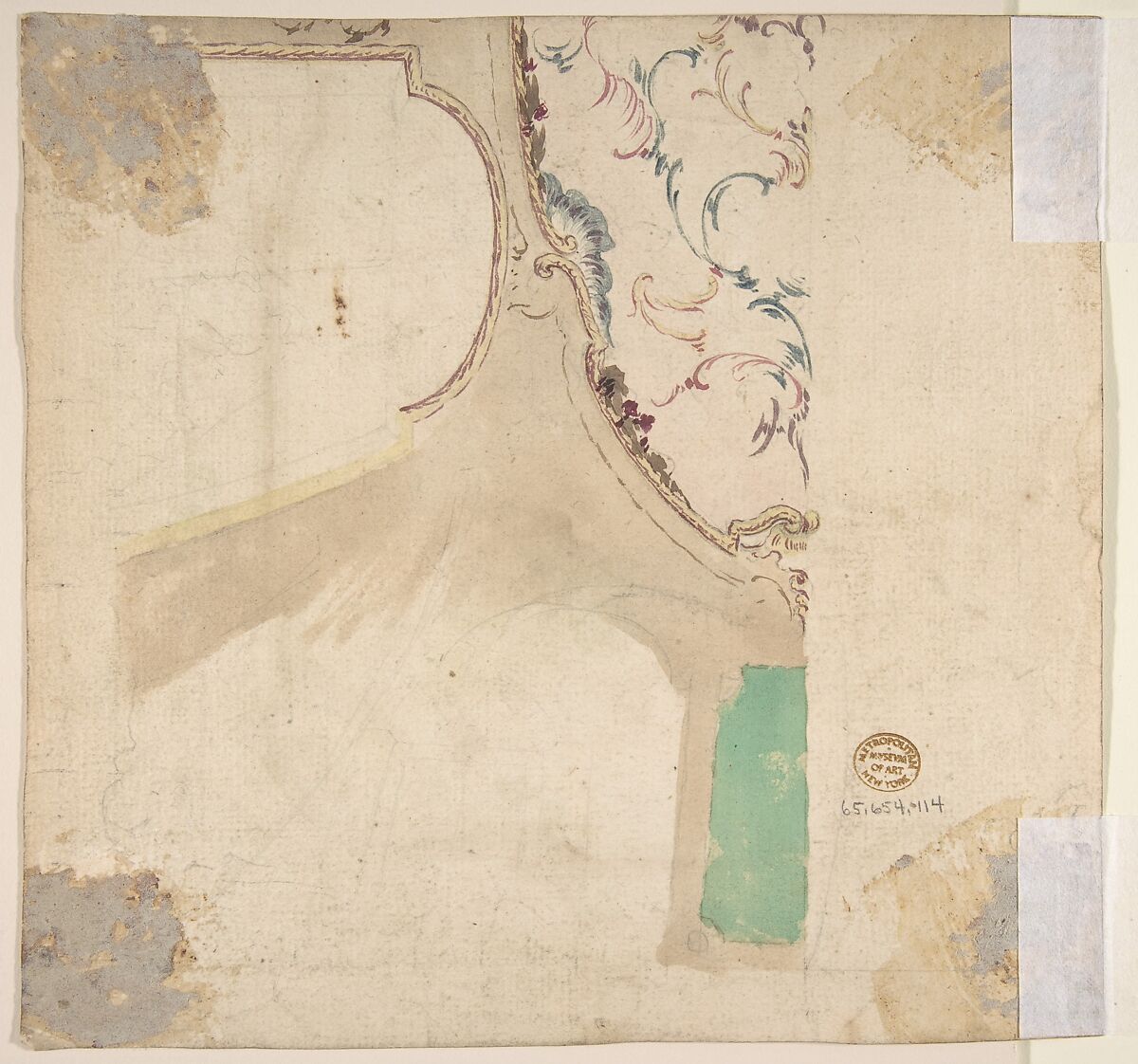 Design for Ceiling, Workshop of Leonardo Marini (Italian, Piedmontese documented ca. 1730–after 1797), Brush with brown, yellow, and red watercolor over leadpoint or graphite, with ruled and compass construction
