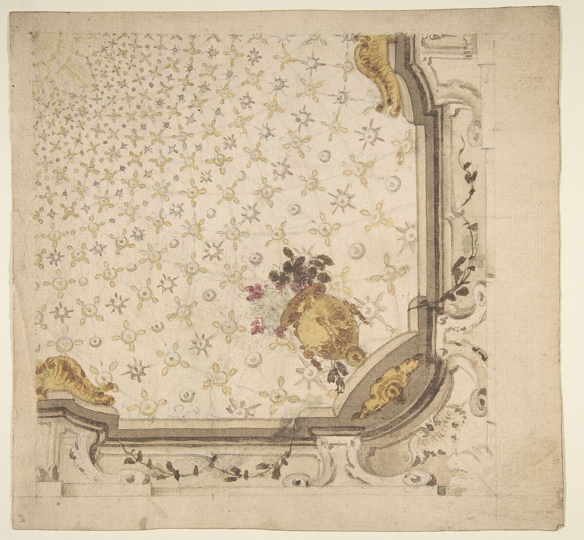 Design for Ceiling, Workshop of Leonardo Marini (Italian, Piedmontese documented ca. 1730–after 1797), Brush with brown, yellow, and red watercolor over leadpoint or graphite, with ruled and compass construction 