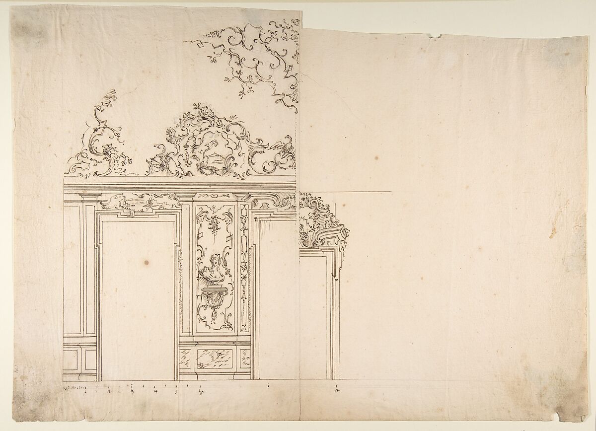 Design for Door, Workshop of Leonardo Marini (Italian, Piedmontese documented ca. 1730–after 1797), Pen and brown ink, over graphite or leadpoint, with ruled and compass construction 