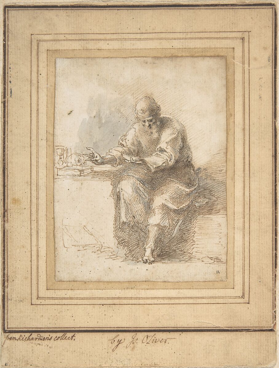 St. Jerome reading, Isaac Oliver (British, ca. 1565–1617), Pen and brown ink, brush and brown and gray wash 