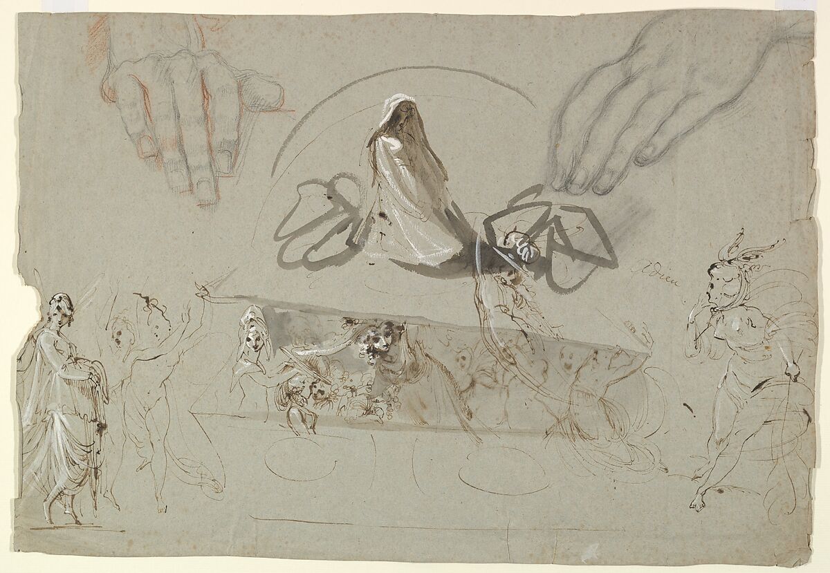 Studies of fairies with a pair of hands (possibly representing the Opening of Pandora's Box), William Lock the Younger (British, 1767–1847), Graphite and red chalk, pen and brown ink, brush and gray wash, and white gouache (bodycolor) 