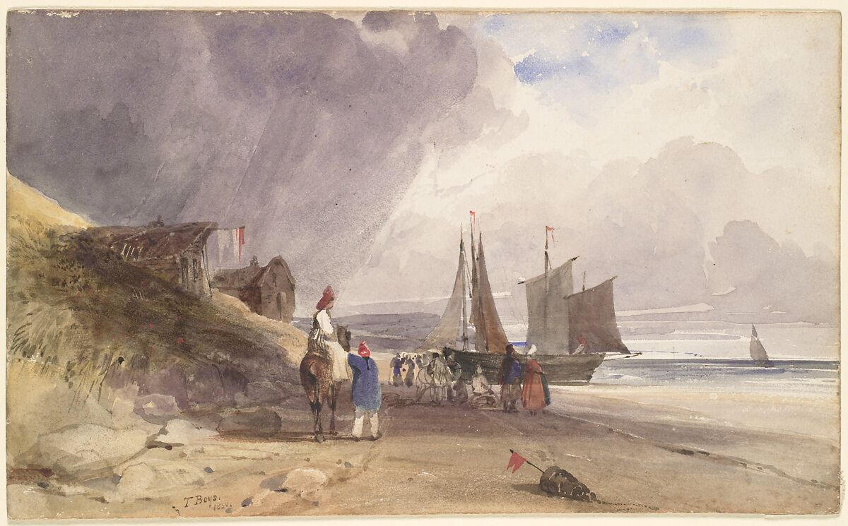 Figures on a beach in northern France, Thomas Shotter Boys (British, Pentonville 1803–1874 London), Watercolor and gouache (bodycolor) over graphite with stopping out