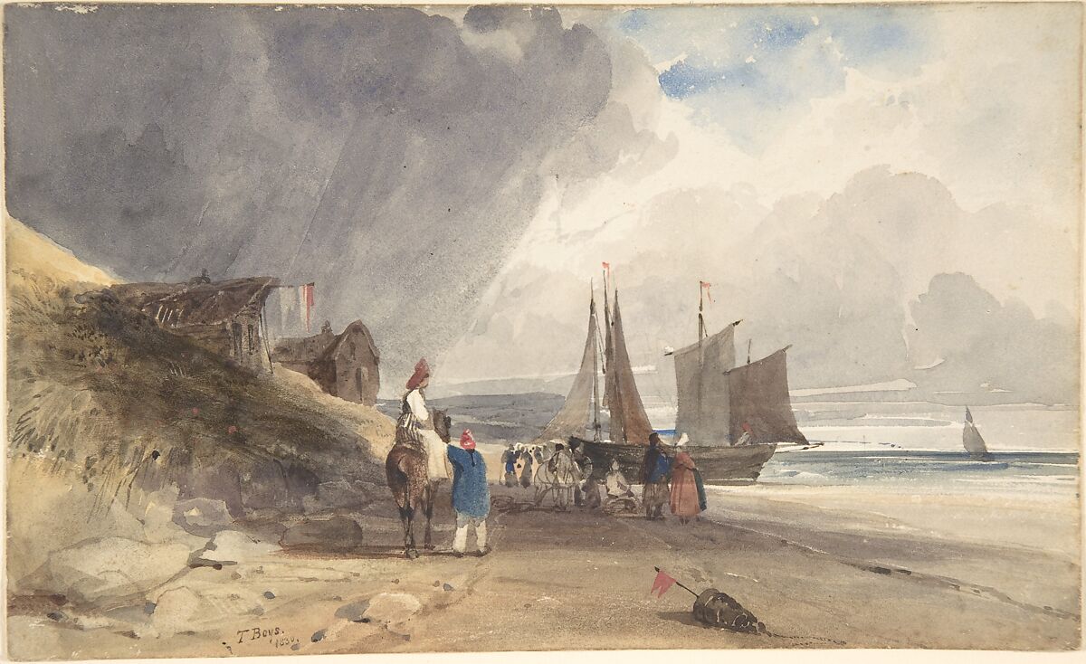 Figures on a beach in northern France, Thomas Shotter Boys (British, Pentonville 1803–1874 London), Watercolor and gouache (bodycolor) over graphite with stopping out 