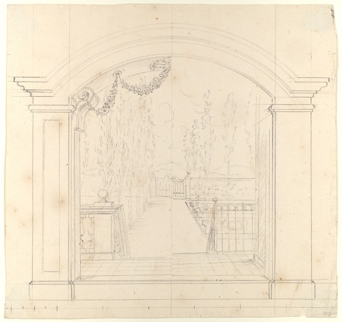 Design for Stage Set, Workshop of Leonardo Marini (Italian, Piedmontese documented ca. 1730–after 1797), Graphite or leadpoint with ruled and compass construction