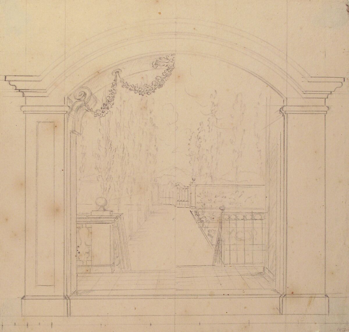 Design for Stage Set, Workshop of Leonardo Marini (Italian, Piedmontese documented ca. 1730–after 1797), Graphite or leadpoint with ruled and compass construction