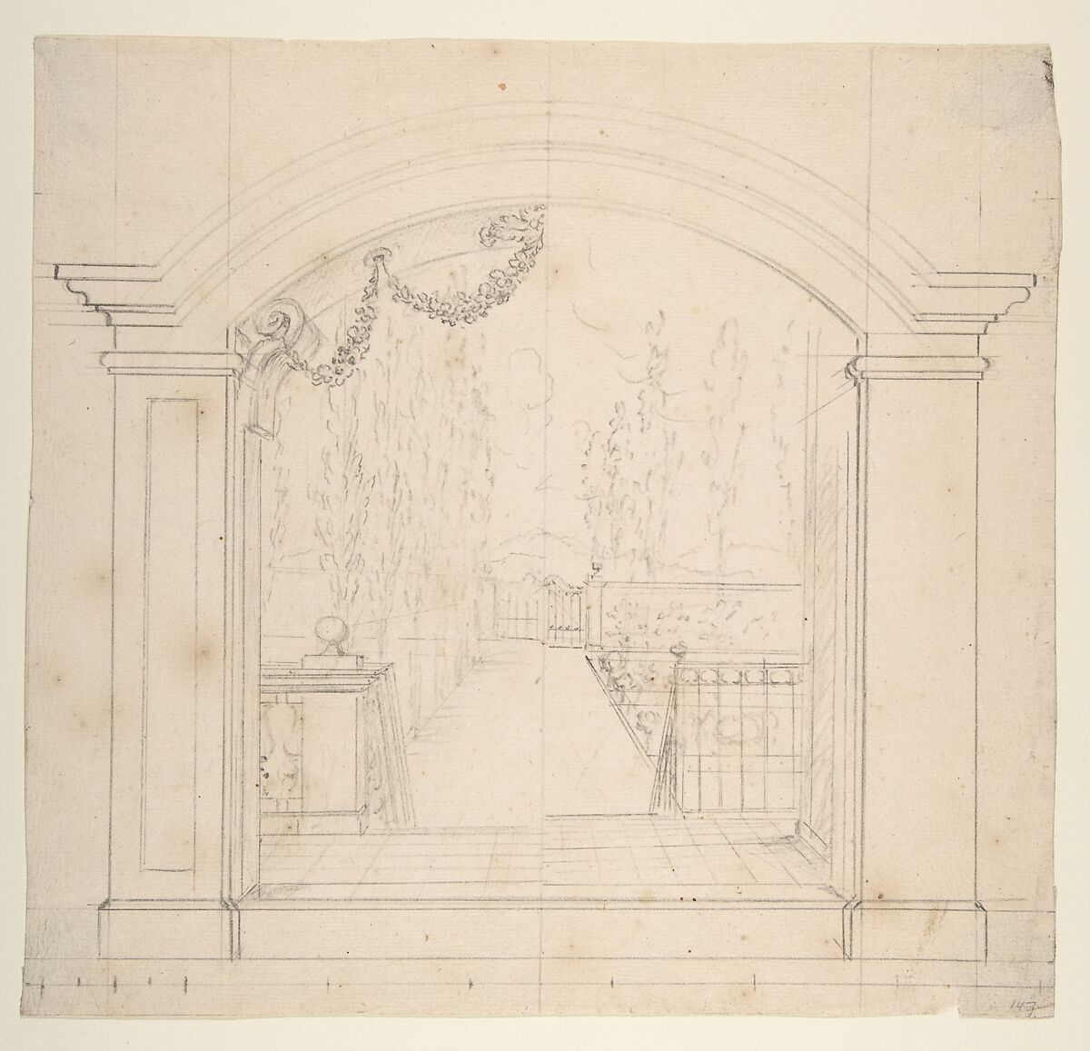 Design for Stage Set, Workshop of Leonardo Marini (Italian, Piedmontese documented ca. 1730–after 1797), Graphite or leadpoint with ruled and compass construction 